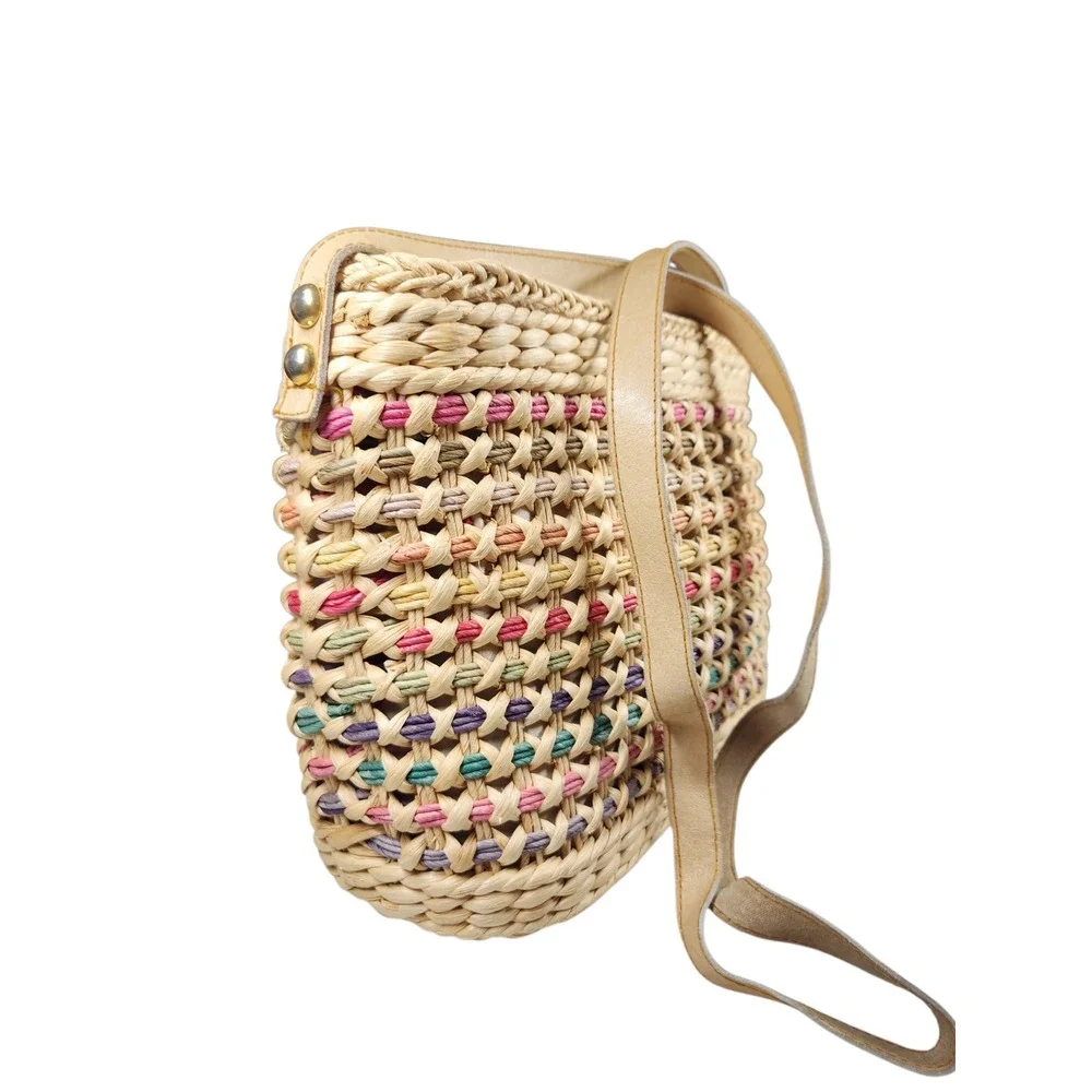 Vintage Rainbow Straw Raffia Woven Hobo Shoulder Bag Boho Coastal Cottage Y2K